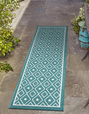 Teal 2' x 6' Outdoor Trellis Runner Area Rug Weather Resistant for Patio, Deck, Terrace, Balcony, Porch Geometric Design Water Safe Outside Carpet for Sale at Rug Engine