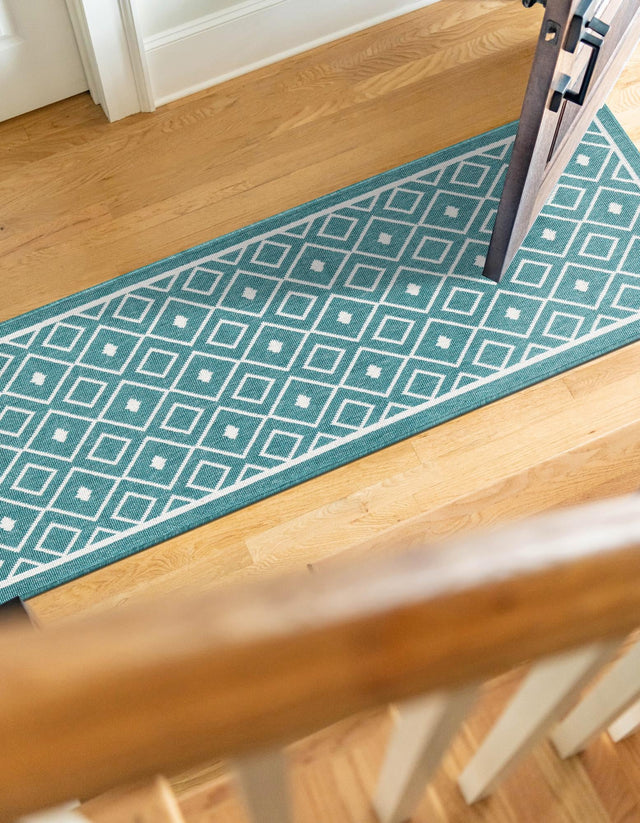 Teal 2' x 8' Outdoor Trellis Runner Area Rug Weather Resistant for Patio, Deck, Terrace, Balcony, Porch Geometric Design Water Safe Outside Carpet for Sale at Rug Engine
