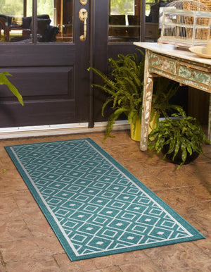 Teal 2' x 8' Outdoor Trellis Runner Area Rug Weather Resistant for Patio, Deck, Terrace, Balcony, Porch Geometric Design Water Safe Outside Carpet for Sale at Rug Engine