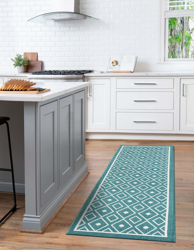 Teal 2' x 6' Outdoor Trellis Runner Area Rug Weather Resistant for Patio, Deck, Terrace, Balcony, Porch Geometric Design Water Safe Outside Carpet for Sale at Rug Engine