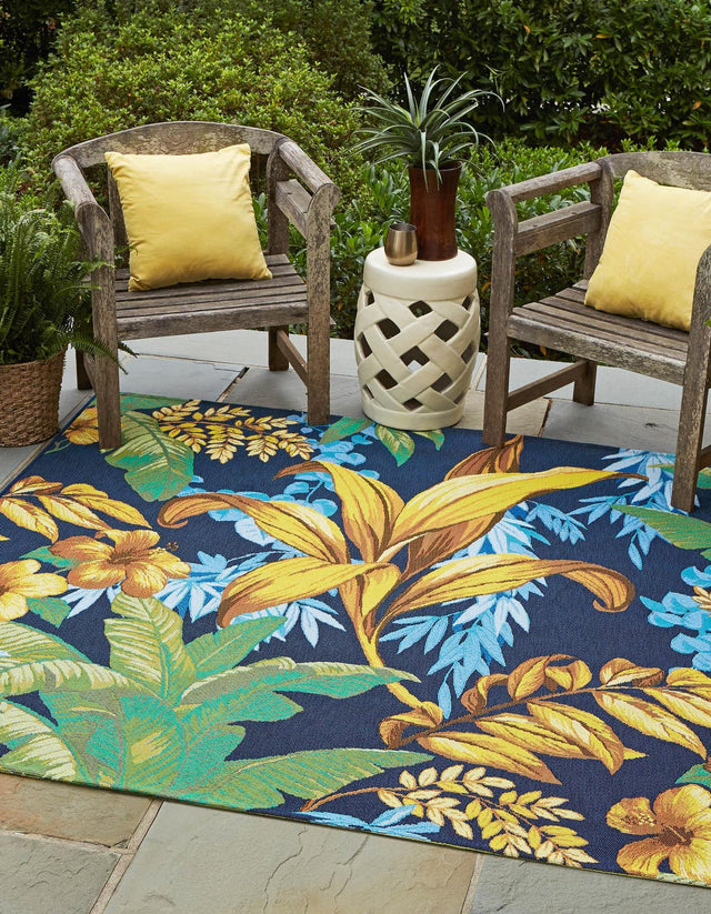 Multicolor 5' 3 x 5' 3 Outdoor Botanical Square Area Rug Weather Resistant for Patio, Deck, Terrace, Balcony, Porch Polypropylene Garden Floral Tropical Carpet for Sale at Rug Engine