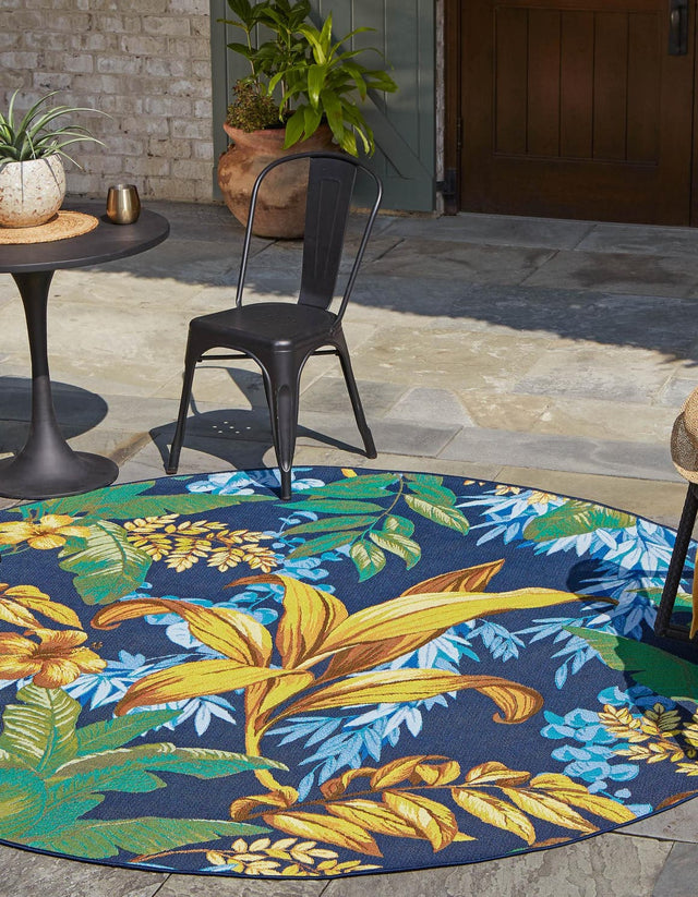 Multicolor 7' 1 x 7' 1 Outdoor Botanical Round Area Rug Weather Resistant for Patio, Deck, Terrace, Balcony, Porch Polypropylene Garden Floral Tropical Carpet for Sale at Rug Engine