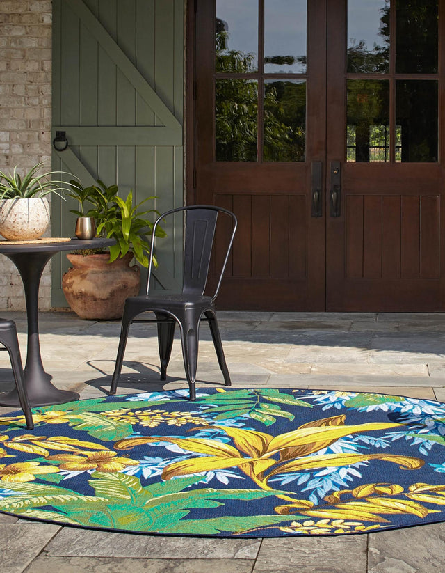 Multicolor 6' 1 x 6' 1 Outdoor Botanical Round Area Rug Weather Resistant for Patio, Deck, Terrace, Balcony, Porch Polypropylene Garden Floral Tropical Carpet for Sale at Rug Engine