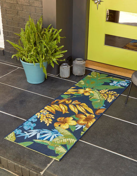 Multicolor 2' 7 x 7' 1 Outdoor Botanical Runner Area Rug Weather Resistant for Patio, Deck, Terrace, Balcony, Porch