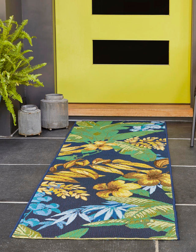 Multicolor 2' 7 x 7' 1 Outdoor Botanical Runner Area Rug Weather Resistant for Patio, Deck, Terrace, Balcony, Porch