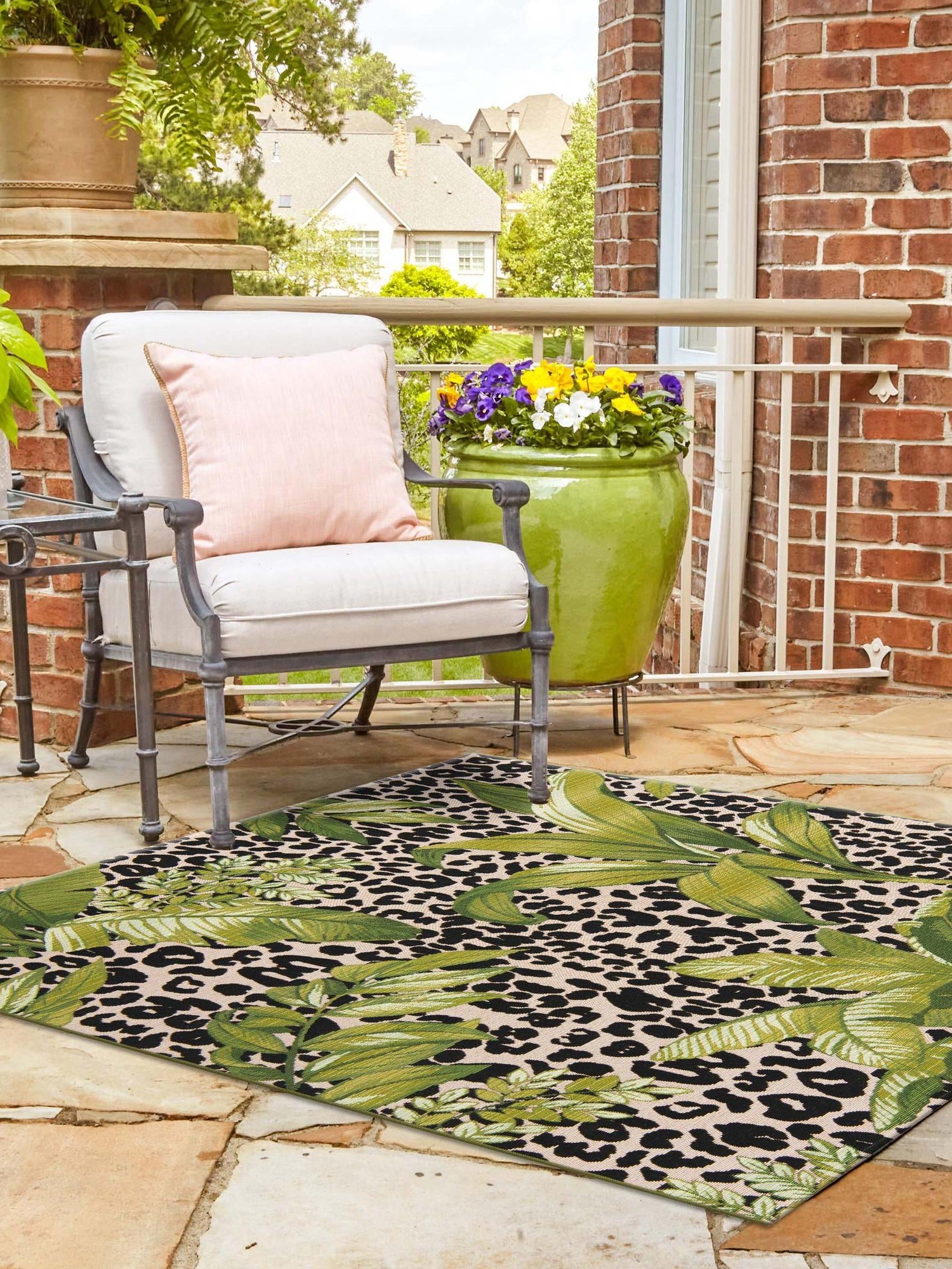 Green 5' 3 x 5' 3 Outdoor Botanical Square Area Rug Weather Resistant for Patio, Deck, Terrace, Balcony, Porch Polypropylene Garden Floral Tropical Carpet for Sale at Rug Engine