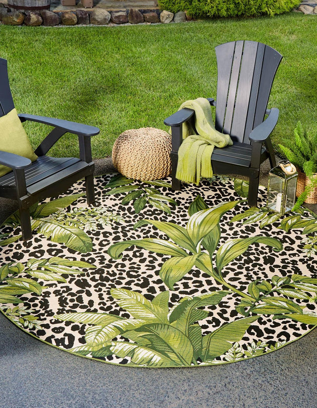 Green 5' 1 x 5' 1 Outdoor Botanical Round Area Rug Weather Resistant for Patio, Deck, Terrace, Balcony, Porch Polypropylene Garden Floral Tropical Carpet for Sale at Rug Engine