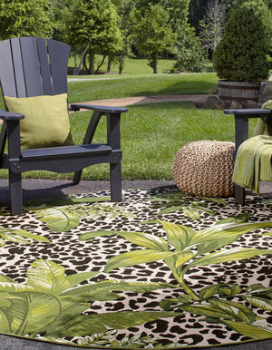 Green 10' x 10' Outdoor Botanical Round Area Rug Weather Resistant for Patio, Deck, Terrace, Balcony, Porch