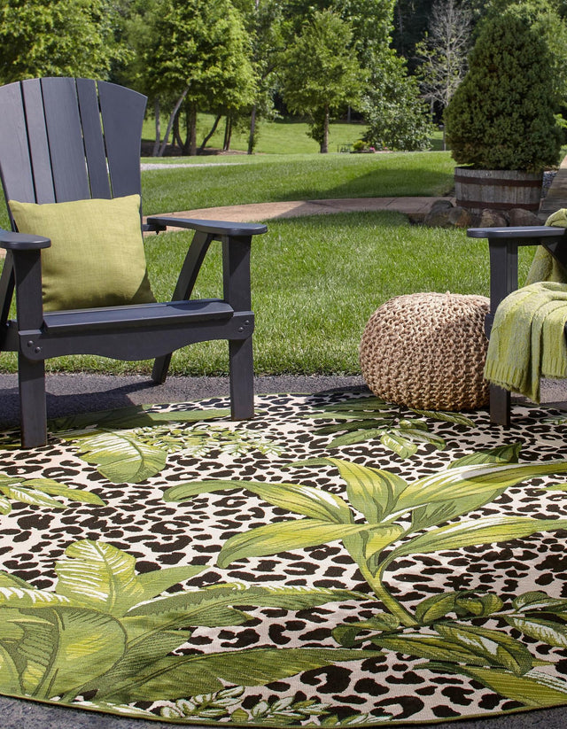 Green 10' x 10' Outdoor Botanical Round Area Rug Weather Resistant for Patio, Deck, Terrace, Balcony, Porch