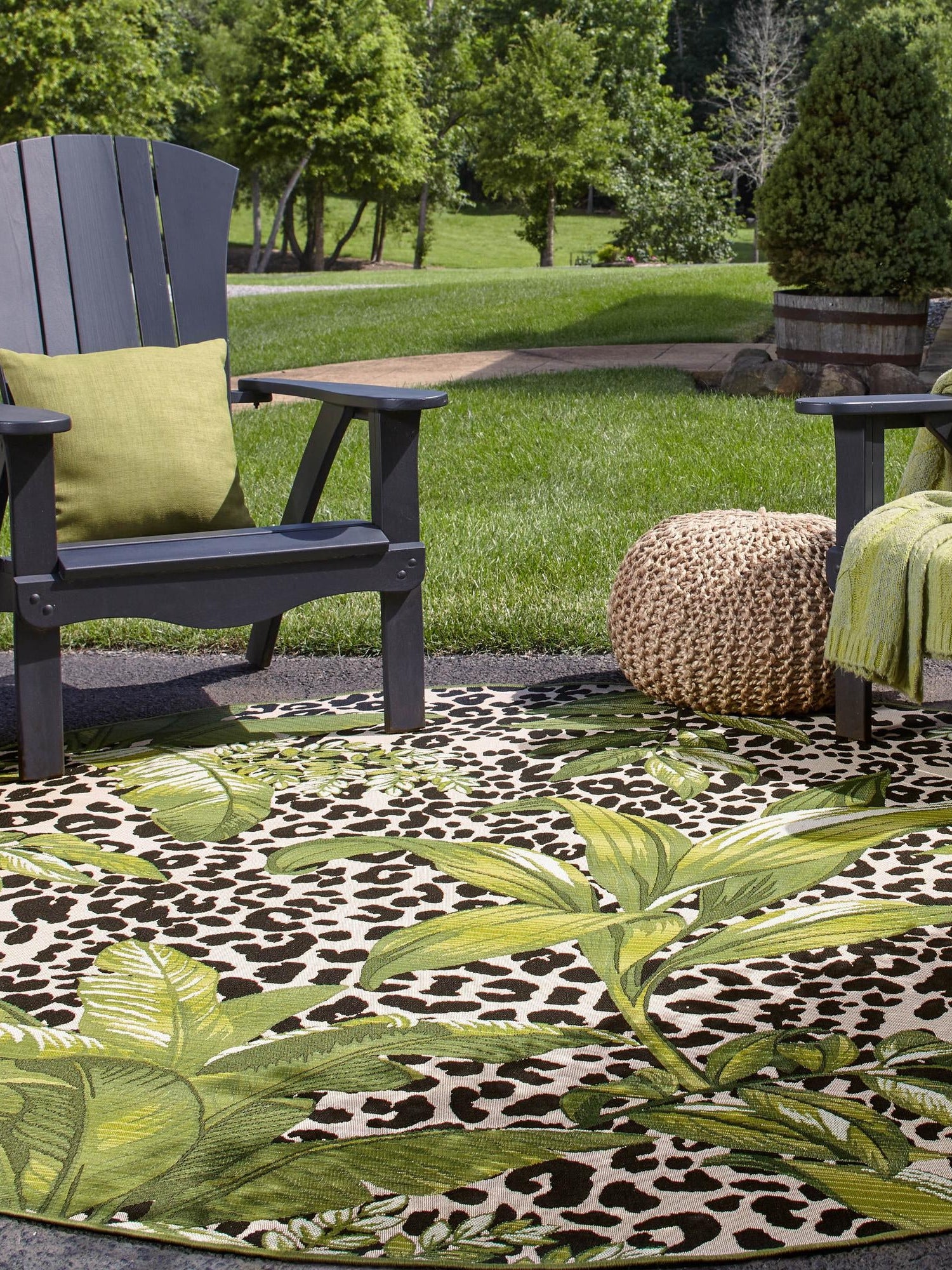 Green 6' 1 x 6' 1 Outdoor Botanical Round Area Rug Weather Resistant for Patio, Deck, Terrace, Balcony, Porch Polypropylene Garden Floral Tropical Carpet for Sale at Rug Engine