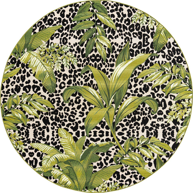 Green 7' 10 x 7' 10 Outdoor Botanical Round Area Rug Weather Resistant for Patio, Deck, Terrace, Balcony, Porch Polypropylene Garden Floral Tropical Carpet for Sale at Rug Engine