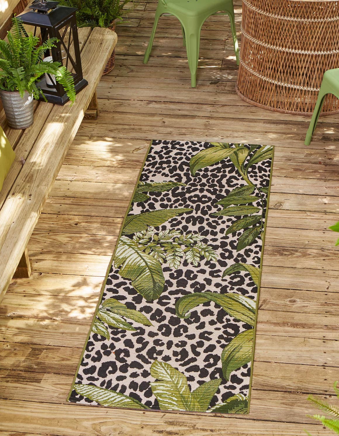 Green 2' 7 x 10' Outdoor Botanical Runner Area Rug Weather Resistant for Patio, Deck, Terrace, Balcony, Porch Polypropylene Garden Floral Tropical Carpet for Sale at Rug Engine
