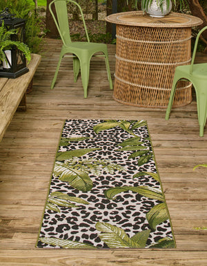 Green 2' 7 x 10' Outdoor Botanical Runner Area Rug Weather Resistant for Patio, Deck, Terrace, Balcony, Porch