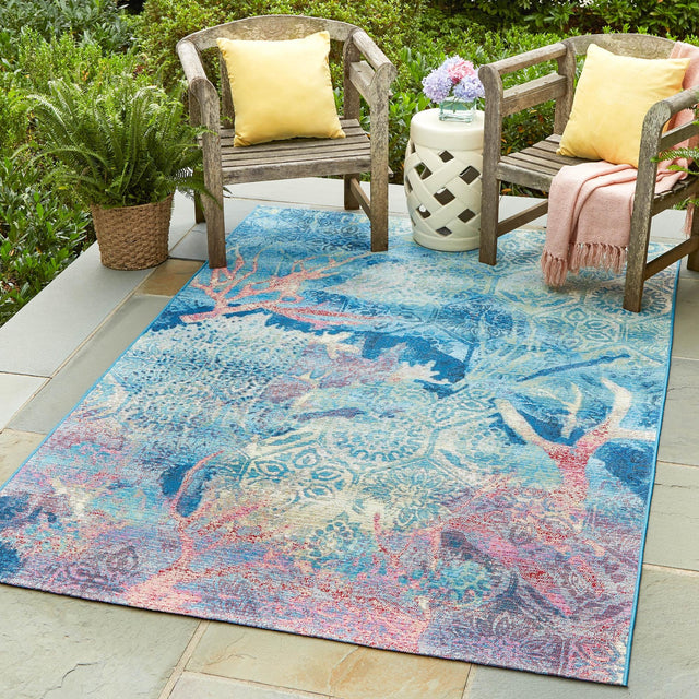 Multicolor 6' 1 x 9' Outdoor Coastal Rectangle Area Rug Weather Resistant for Patio, Deck, Terrace, Balcony, Porch 100% Polypropylene Coastal Decor Carpet for Sale at Rug Engine