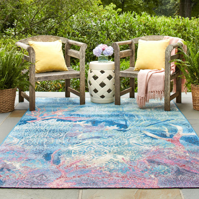 Multicolor 6' 1 x 9' Outdoor Coastal Rectangle Area Rug Weather Resistant for Patio, Deck, Terrace, Balcony, Porch 100% Polypropylene Coastal Decor Carpet for Sale at Rug Engine
