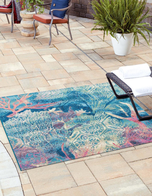Multicolor 7' 10 x 7' 10 Outdoor Coastal Square Area Rug Weather Resistant for Patio, Deck, Terrace, Balcony, Porch 100% Polypropylene Coastal Decor Carpet for Sale at Rug Engine