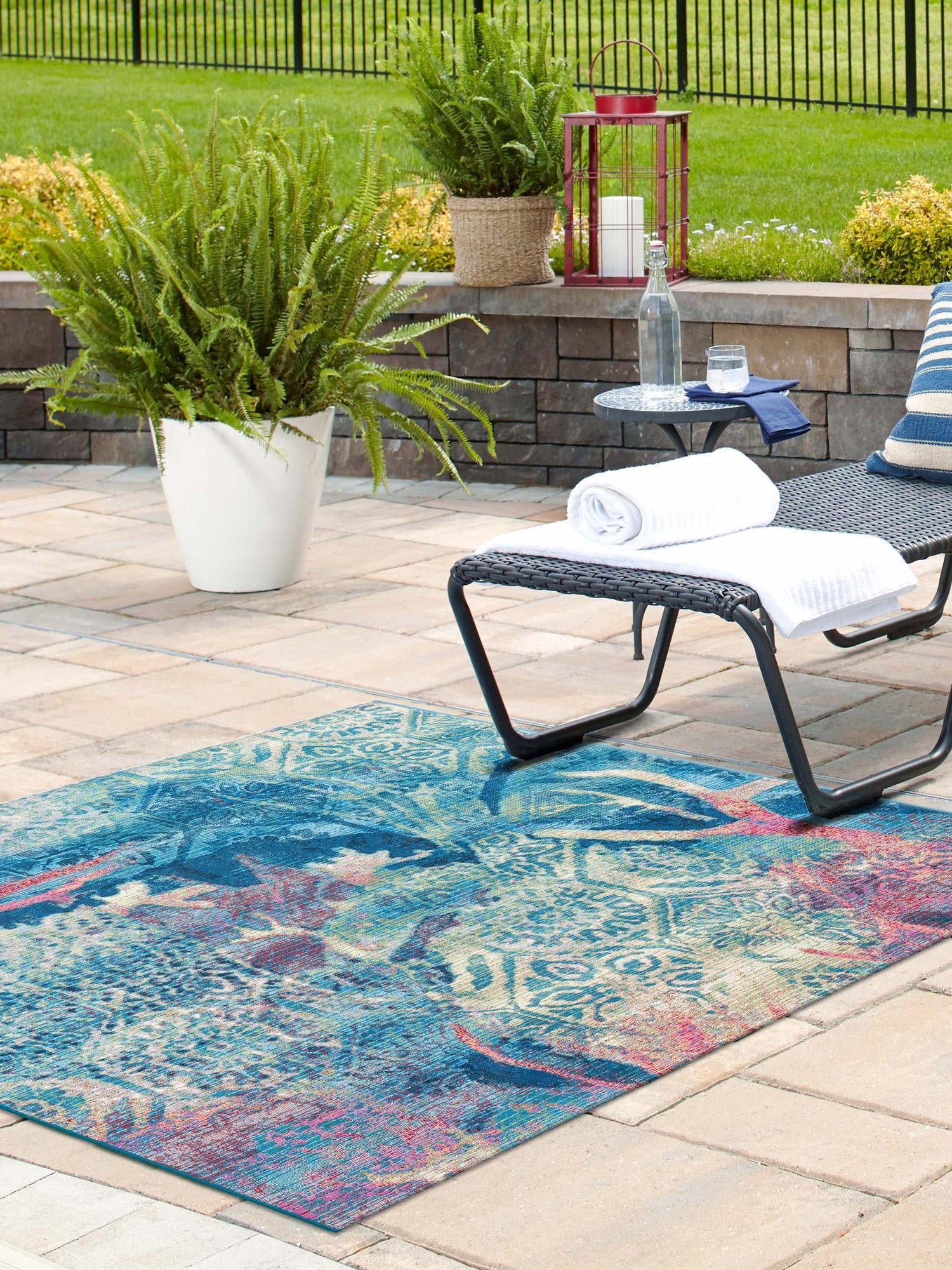 Multicolor 5' 3 x 5' 3 Outdoor Coastal Square Area Rug Weather Resistant for Patio, Deck, Terrace, Balcony, Porch 100% Polypropylene Coastal Decor Carpet for Sale at Rug Engine