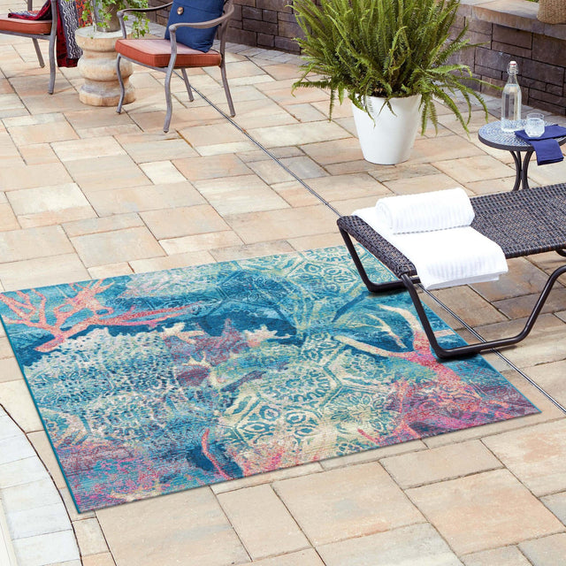 Multicolor 12' x 12' Outdoor Coastal Square Area Rug Weather Resistant for Patio, Deck, Terrace, Balcony, Porch 100% Polypropylene Coastal Decor Carpet for Sale at Rug Engine