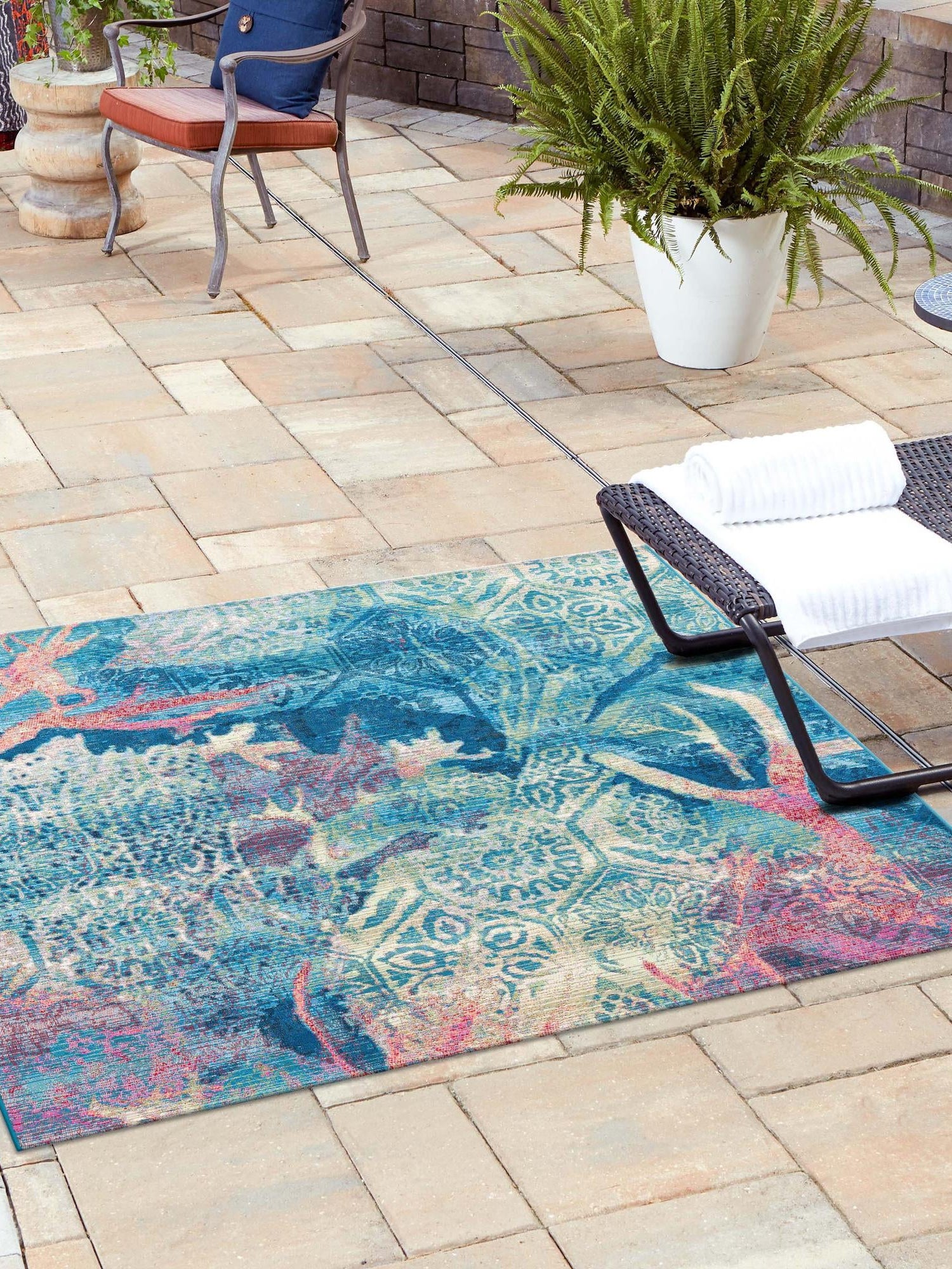 Multicolor 5' 3 x 5' 3 Outdoor Coastal Square Area Rug Weather Resistant for Patio, Deck, Terrace, Balcony, Porch 100% Polypropylene Coastal Decor Carpet for Sale at Rug Engine