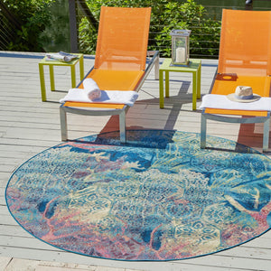 Multicolor 10' x 10' Outdoor Coastal Round Area Rug Weather Resistant for Patio, Deck, Terrace, Balcony, Porch 100% Polypropylene Coastal Decor Carpet for Sale at Rug Engine