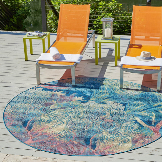 Multicolor 6' 1 x 6' 1 Outdoor Coastal Round Area Rug Weather Resistant for Patio, Deck, Terrace, Balcony, Porch 100% Polypropylene Coastal Decor Carpet for Sale at Rug Engine