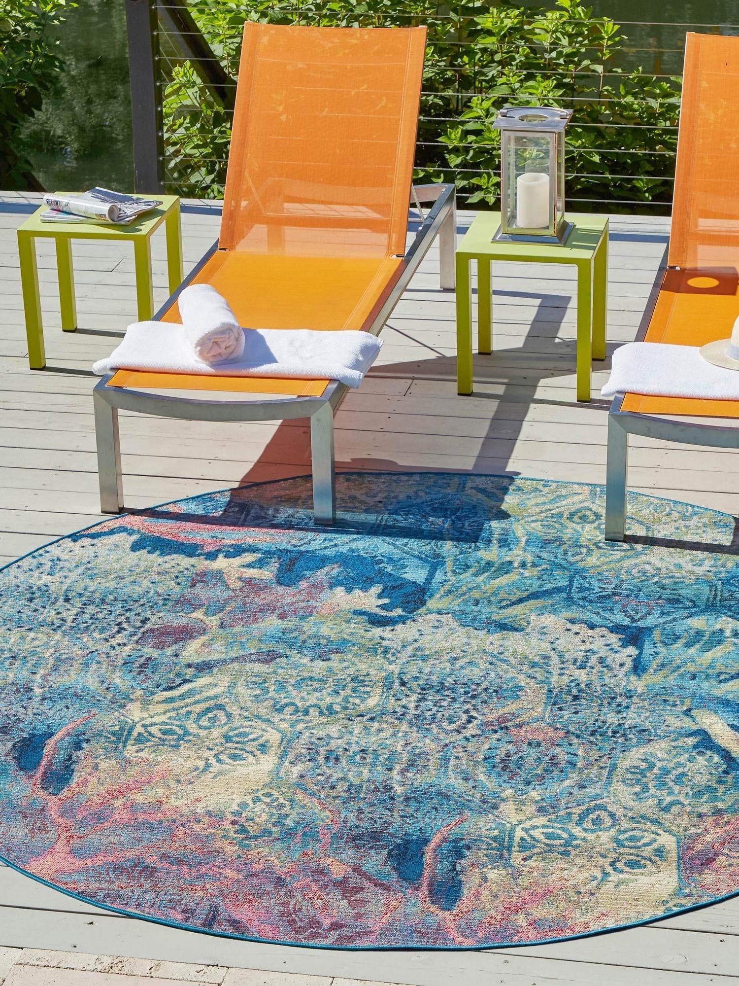 Multicolor 5' 3 x 5' 3 Outdoor Coastal Round Area Rug Weather Resistant for Patio, Deck, Terrace, Balcony, Porch 100% Polypropylene Coastal Decor Carpet for Sale at Rug Engine