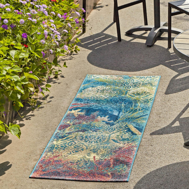 Multicolor 2' x 8' Outdoor Coastal Runner Area Rug Weather Resistant for Patio, Deck, Terrace, Balcony, Porch 100% Polypropylene Coastal Decor Carpet for Sale at Rug Engine
