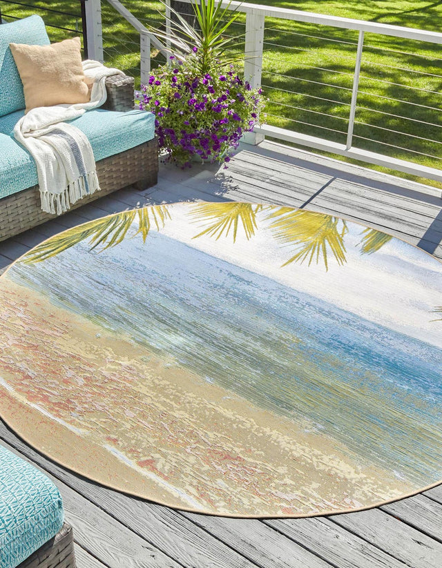 Multicolor 7' 10 x 7' 10 Outdoor Coastal Round Area Rug Weather Resistant for Patio, Deck, Terrace, Balcony, Porch 100% Polypropylene Coastal Decor Carpet for Sale at Rug Engine