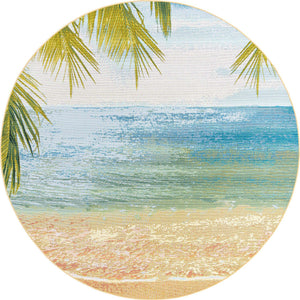 Multicolor 7' 10 x 7' 10 Outdoor Coastal Round Area Rug Weather Resistant for Patio, Deck, Terrace, Balcony, Porch 100% Polypropylene Coastal Decor Carpet for Sale at Rug Engine