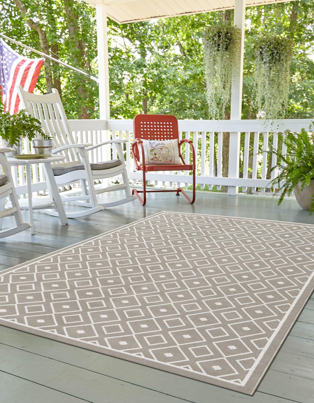 Gray 9' x 12' Outdoor Trellis Rectangle Area Rug Weather Resistant for Patio, Deck, Terrace, Balcony, Porch Geometric Design Water Safe Outside Carpet for Sale at Rug Engine
