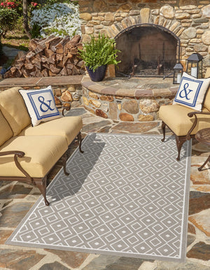 Gray 4' x 6' Outdoor Trellis Rectangle Area Rug Weather Resistant for Patio, Deck, Terrace, Balcony, Porch Geometric Design Water Safe Outside Carpet for Sale at Rug Engine