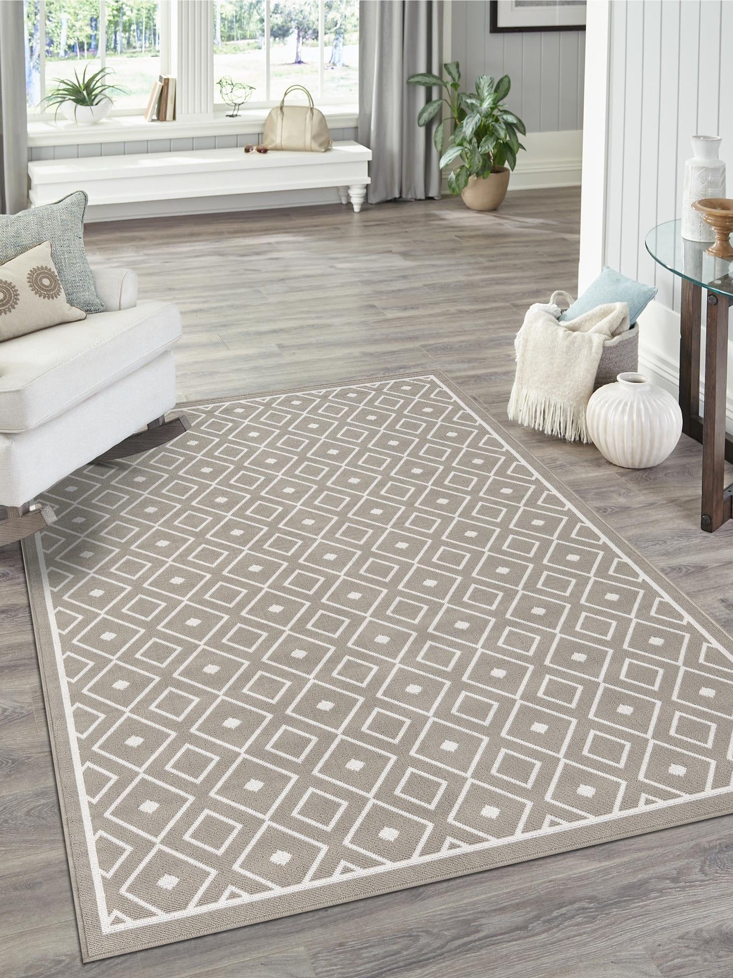 Gray 4' x 6' Outdoor Trellis Rectangle Area Rug Weather Resistant for Patio, Deck, Terrace, Balcony, Porch Geometric Design Water Safe Outside Carpet for Sale at Rug Engine