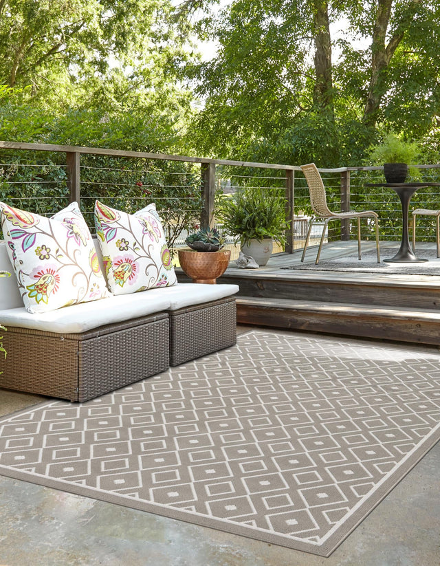 Gray 9' x 12' Outdoor Trellis Rectangle Area Rug Weather Resistant for Patio, Deck, Terrace, Balcony, Porch Geometric Design Water Safe Outside Carpet for Sale at Rug Engine