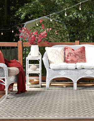 Gray 7' 10 x 7' 10 Outdoor Trellis Square Area Rug Weather Resistant for Patio, Deck, Terrace, Balcony, Porch Geometric Design Water Safe Outside Carpet for Sale at Rug Engine