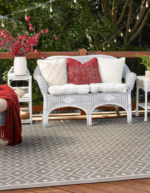 Gray 7' 10 x 7' 10 Outdoor Trellis Square Area Rug Weather Resistant for Patio, Deck, Terrace, Balcony, Porch Geometric Design Water Safe Outside Carpet for Sale at Rug Engine
