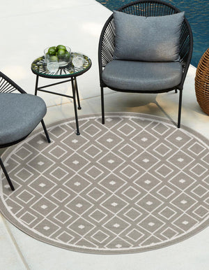 Gray 4' x 4' Outdoor Trellis Round Area Rug Weather Resistant for Patio, Deck, Terrace, Balcony, Porch Geometric Design Water Safe Outside Carpet for Sale at Rug Engine