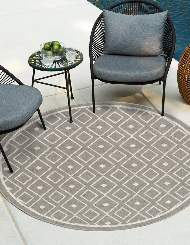 Gray 4' x 4' Outdoor Trellis Round Area Rug Weather Resistant for Patio, Deck, Terrace, Balcony, Porch Geometric Design Water Safe Outside Carpet for Sale at Rug Engine
