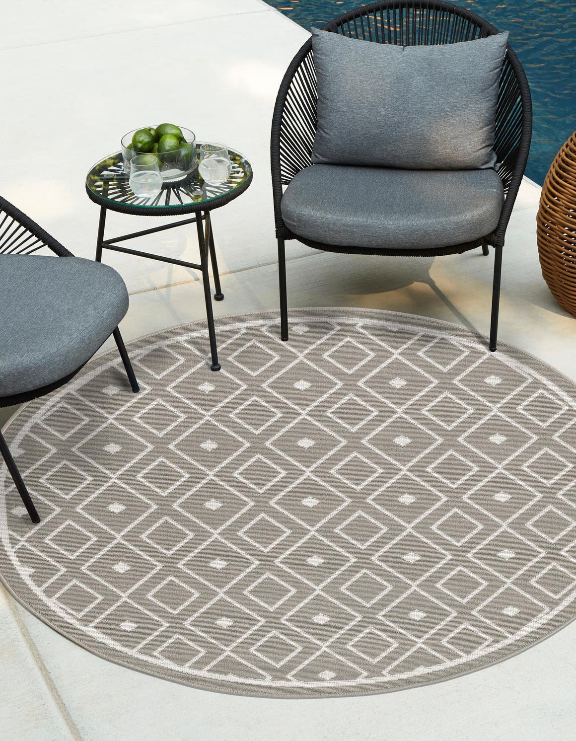 Gray 7' x 7' Outdoor Trellis Round Area Rug Weather Resistant for Patio, Deck, Terrace, Balcony, Porch Geometric Design Water Safe Outside Carpet for Sale at Rug Engine