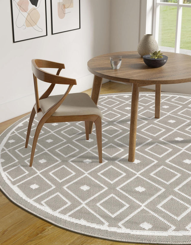 Gray 4' x 4' Outdoor Trellis Round Area Rug Weather Resistant for Patio, Deck, Terrace, Balcony, Porch Geometric Design Water Safe Outside Carpet for Sale at Rug Engine