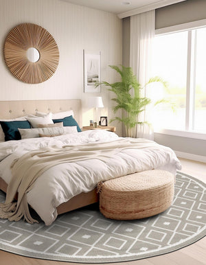 Gray 7' x 7' Outdoor Trellis Round Area Rug Weather Resistant for Patio, Deck, Terrace, Balcony, Porch Geometric Design Water Safe Outside Carpet for Sale at Rug Engine