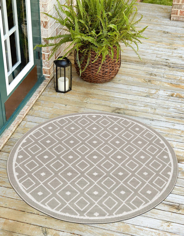 Gray 4' x 4' Outdoor Trellis Round Area Rug Weather Resistant for Patio, Deck, Terrace, Balcony, Porch Geometric Design Water Safe Outside Carpet for Sale at Rug Engine
