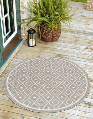 Gray 7' x 7' Outdoor Trellis Round Area Rug Weather Resistant for Patio, Deck, Terrace, Balcony, Porch Geometric Design Water Safe Outside Carpet for Sale at Rug Engine