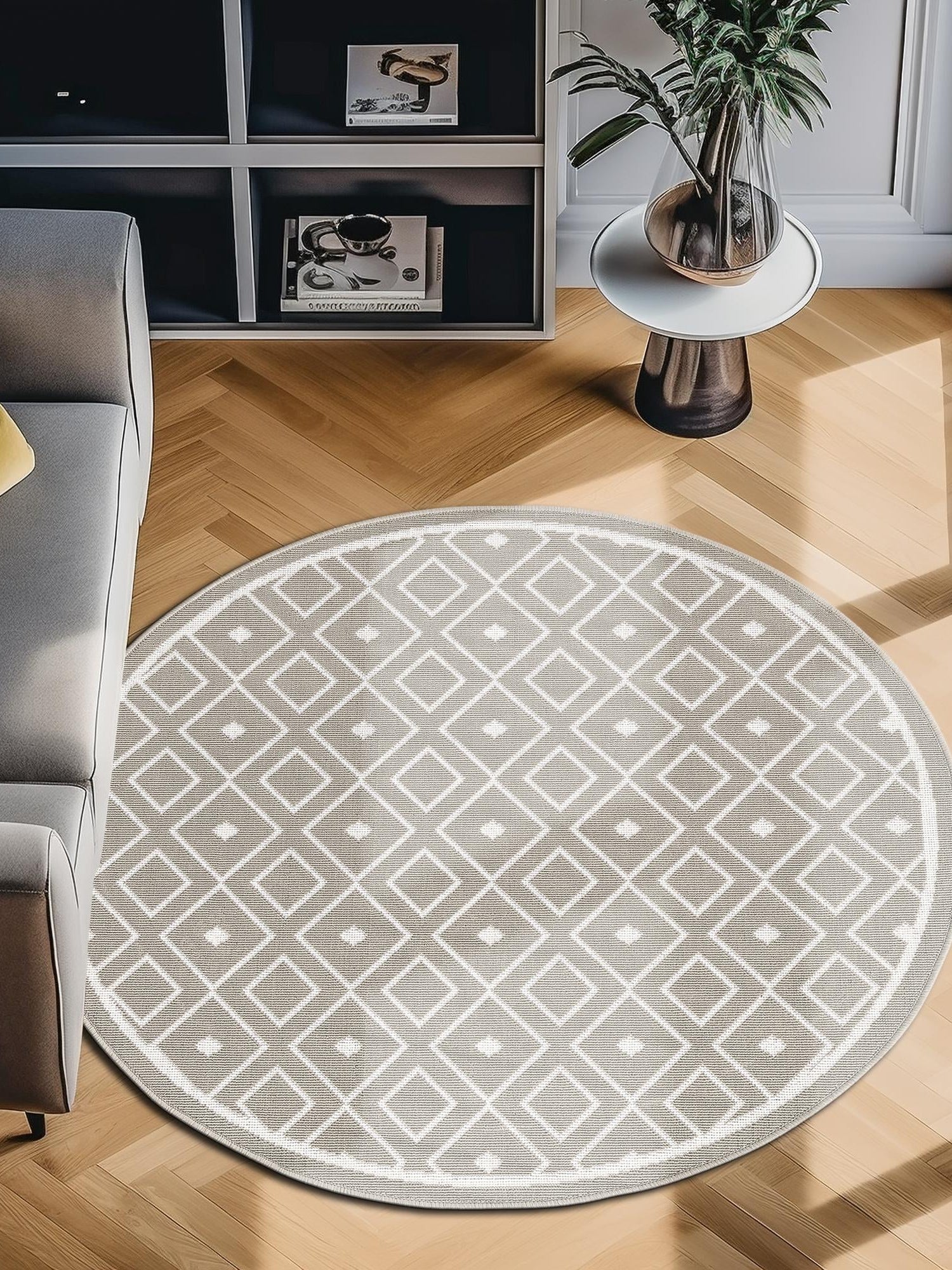 Gray 7' x 7' Outdoor Trellis Round Area Rug Weather Resistant for Patio, Deck, Terrace, Balcony, Porch Geometric Design Water Safe Outside Carpet for Sale at Rug Engine