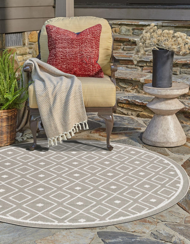 Gray 7' x 7' Outdoor Trellis Round Area Rug Weather Resistant for Patio, Deck, Terrace, Balcony, Porch Geometric Design Water Safe Outside Carpet for Sale at Rug Engine