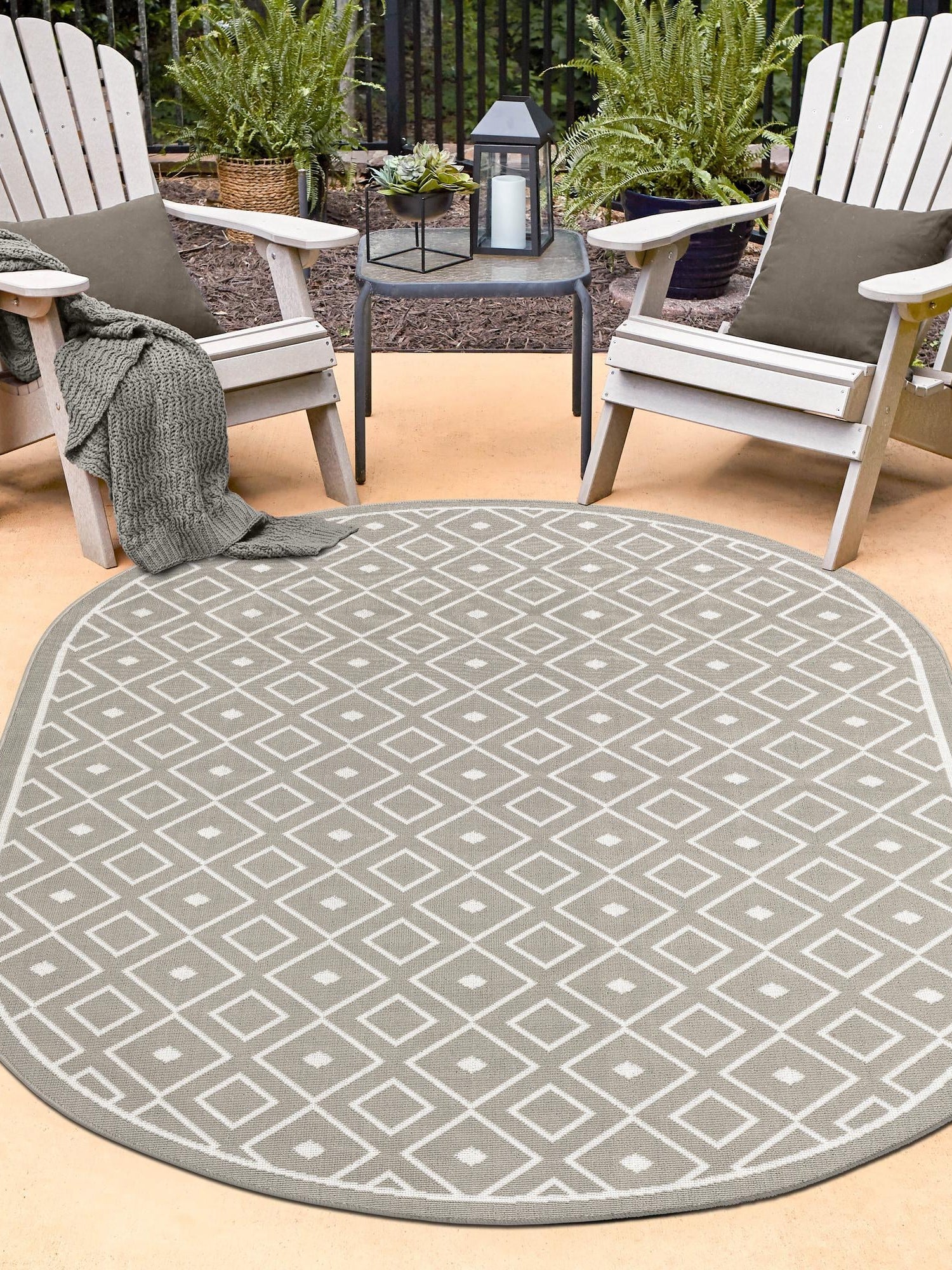 Gray 7' 10 x 10' Outdoor Trellis Oval Area Rug Weather Resistant for Patio, Deck, Terrace, Balcony, Porch Geometric Design Water Safe Outside Carpet for Sale at Rug Engine