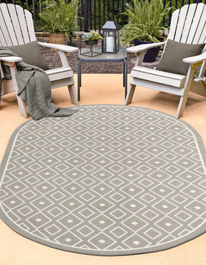 Gray 7' 10 x 10' Outdoor Trellis Oval Area Rug Weather Resistant for Patio, Deck, Terrace, Balcony, Porch Geometric Design Water Safe Outside Carpet for Sale at Rug Engine
