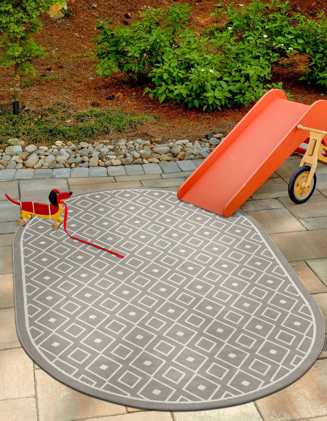 Gray 7' 10 x 10' Outdoor Trellis Oval Area Rug Weather Resistant for Patio, Deck, Terrace, Balcony, Porch Geometric Design Water Safe Outside Carpet for Sale at Rug Engine