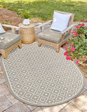 Gray 5' 3 x 8' Outdoor Trellis Oval Area Rug Weather Resistant for Patio, Deck, Terrace, Balcony, Porch Geometric Design Water Safe Outside Carpet for Sale at Rug Engine