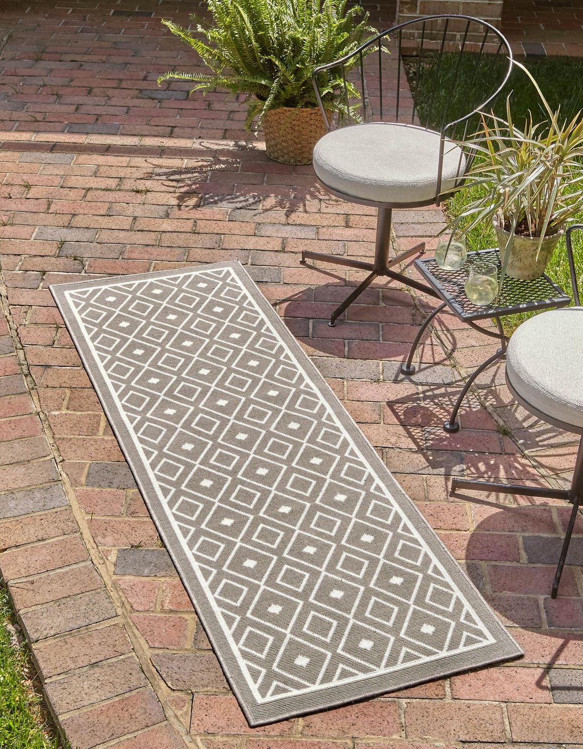 Gray 2' x 8' Outdoor Trellis Runner Area Rug Weather Resistant for Patio, Deck, Terrace, Balcony, Porch Geometric Design Water Safe Outside Carpet for Sale at Rug Engine