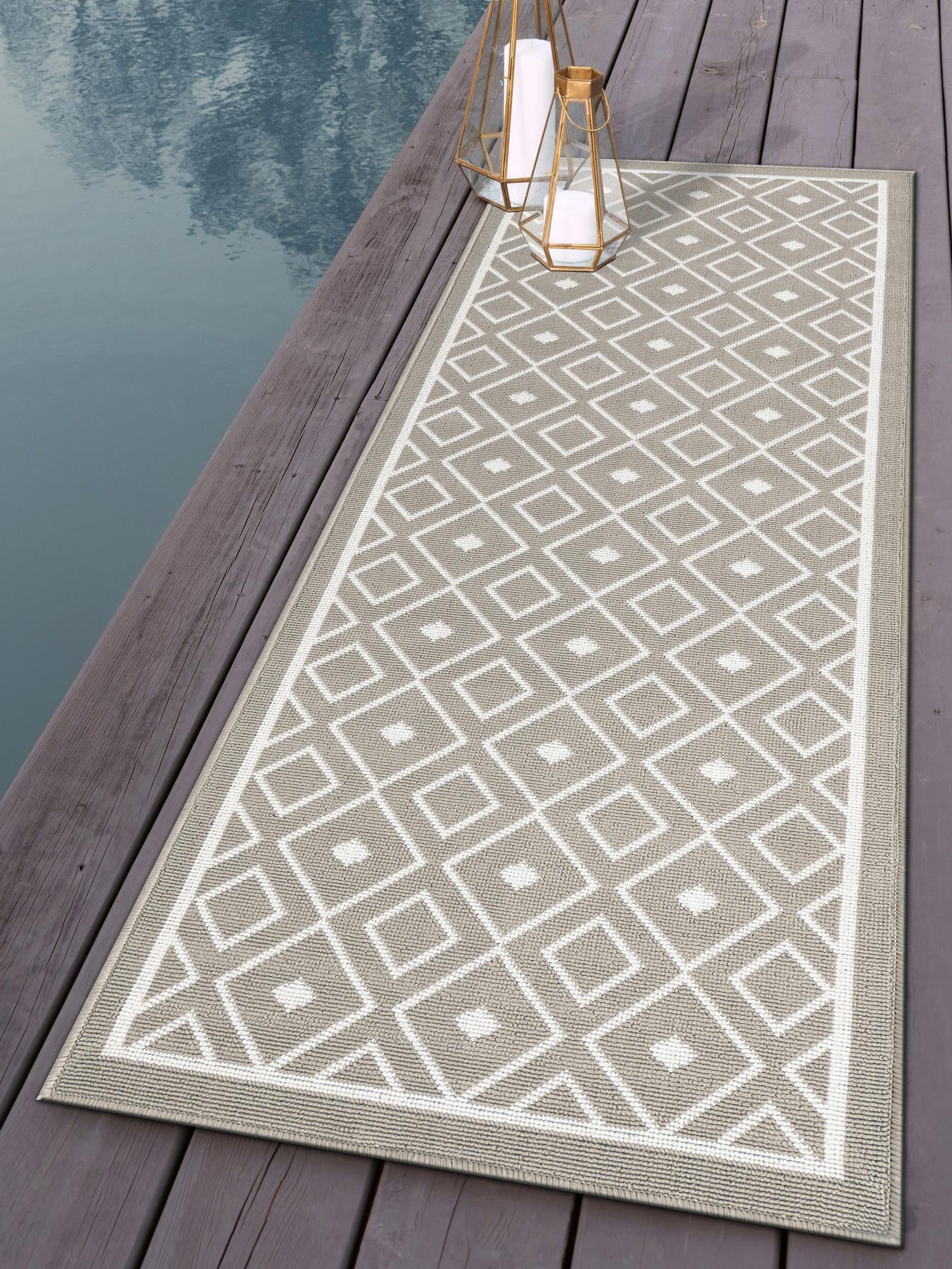 Gray 2' x 8' Outdoor Trellis Runner Area Rug Weather Resistant for Patio, Deck, Terrace, Balcony, Porch Geometric Design Water Safe Outside Carpet for Sale at Rug Engine